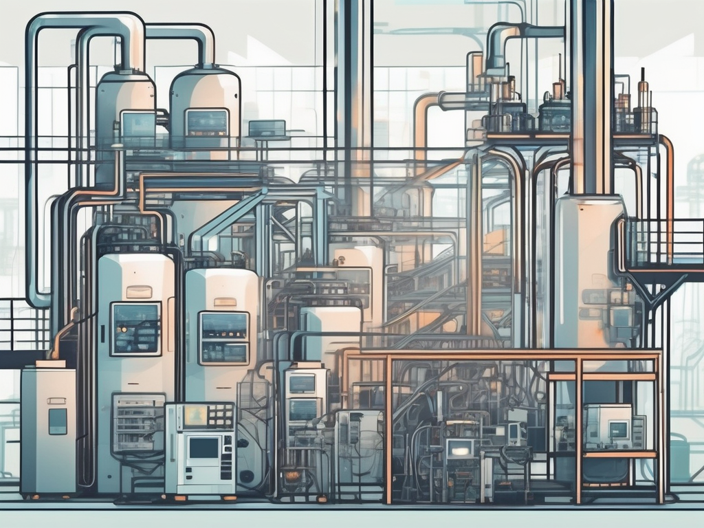 A smart factory with various interconnected machines and devices