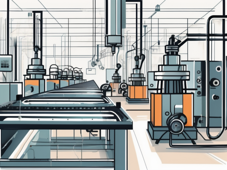 A factory assembly line with various machines integrating statistical graphs and charts