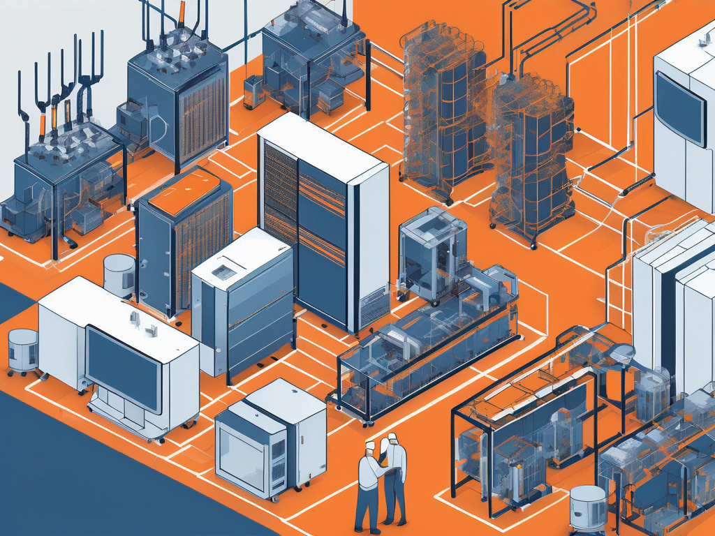 A complex network of interconnected computers and machinery in a manufacturing setting