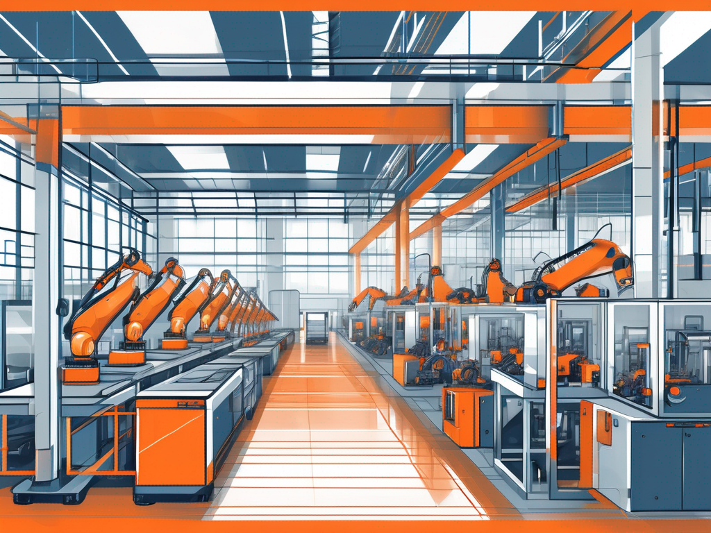 A modern manufacturing assembly line with various machines equipped with digital touch screen interfaces