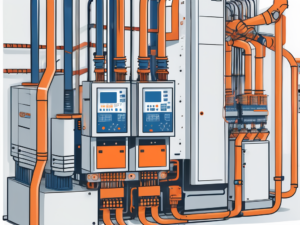 A programmable logic controller connected to various manufacturing machinery in a factory setting