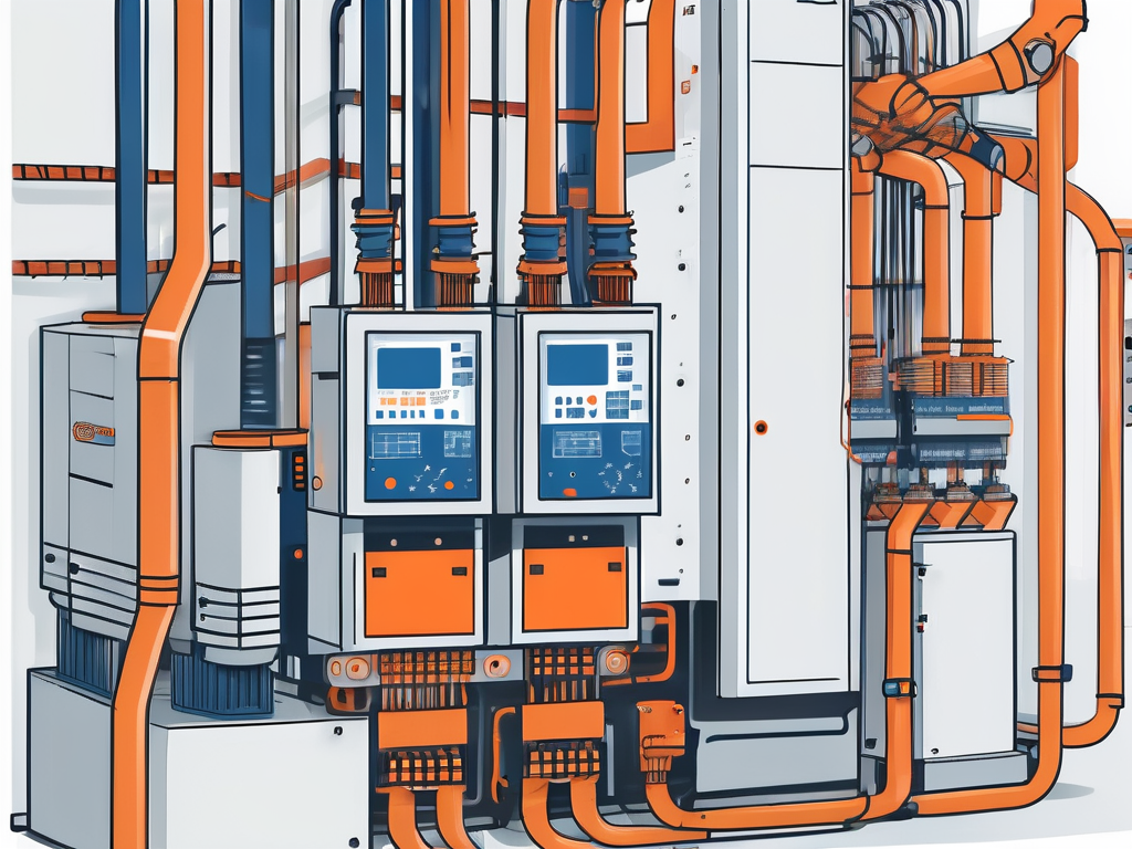 A programmable logic controller connected to various manufacturing machinery in a factory setting