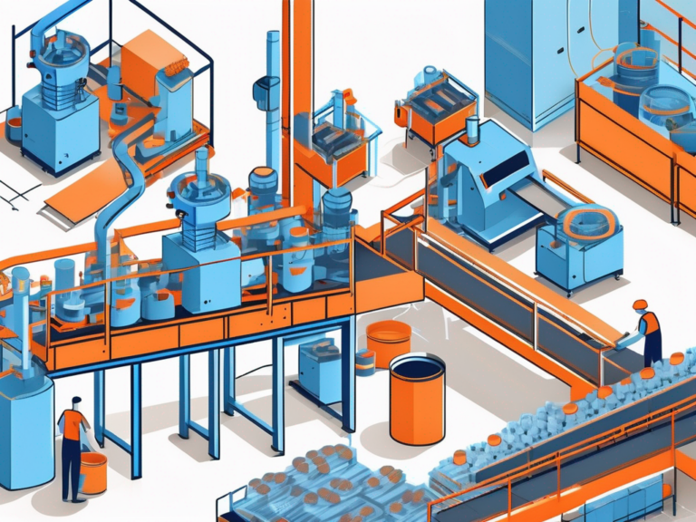 A busy assembly line with various machines and conveyor belts