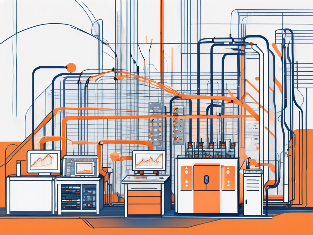 A factory setting with various machines connected by a network of lines