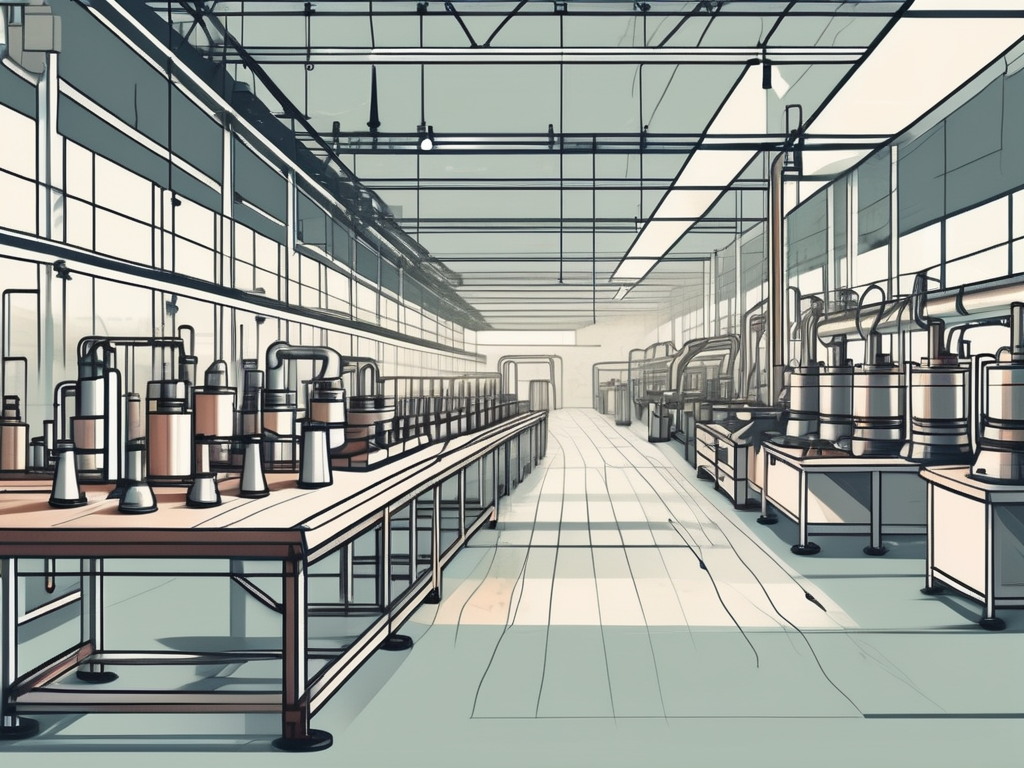 A factory assembly line with various components and materials organized in sequence