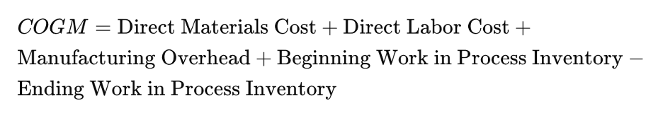COGM=Direct Materials Cost+Direct Labor Cost+Manufacturing Overhead+Beginning Work in Process Inventory−Ending Work in Process Inventory